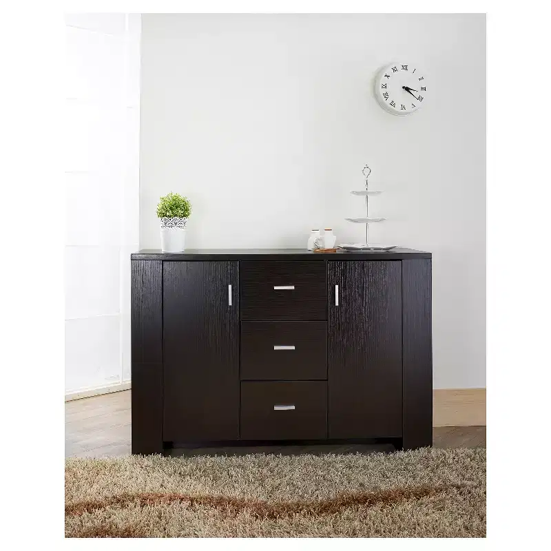 Espresso Modern Buffet with Side Shelves – 3 Drawers & 2 Cabinets
