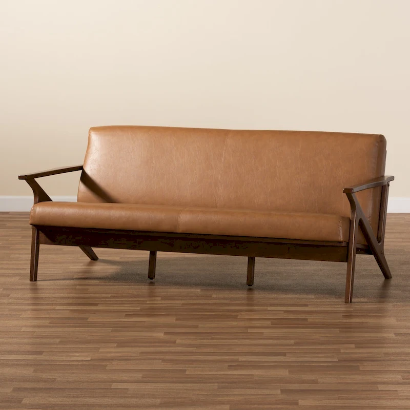 Bianca Mid-Century Modern Wood and Faux Leather Living Room Sofa
