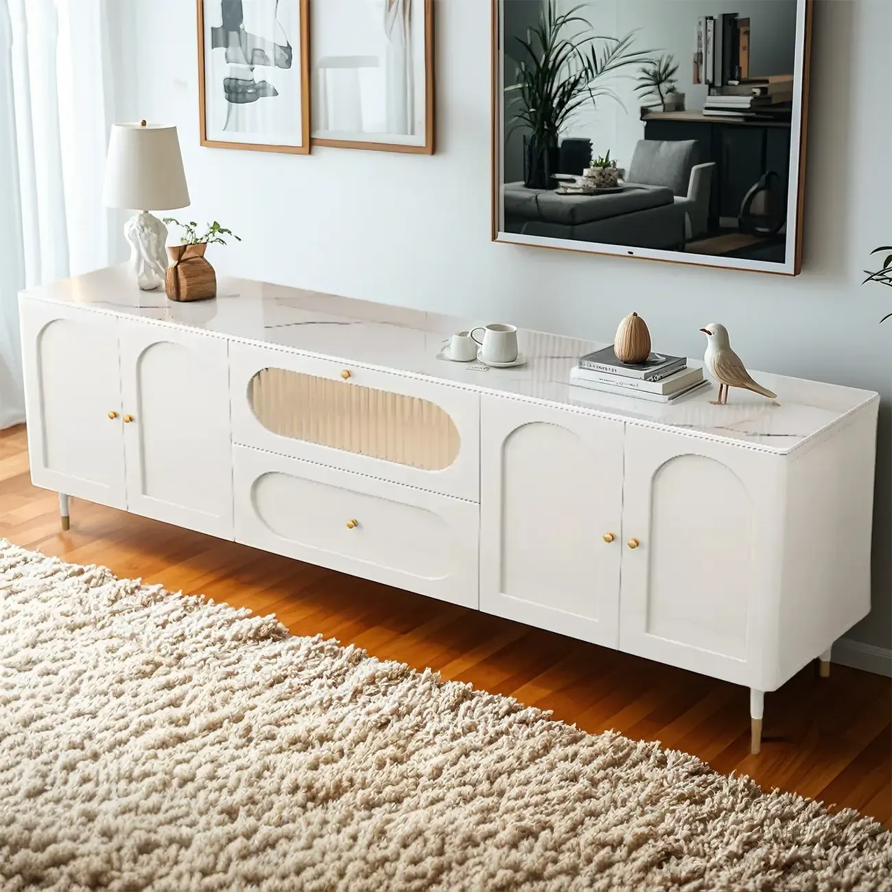 63 Elegant Stone White TV Stand with Adjustable Shelves