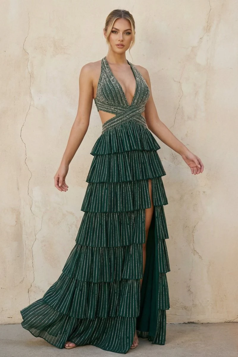 Dark Green - A-Line V Neck Satin Beaded Long Prom Dresses With Ruffles