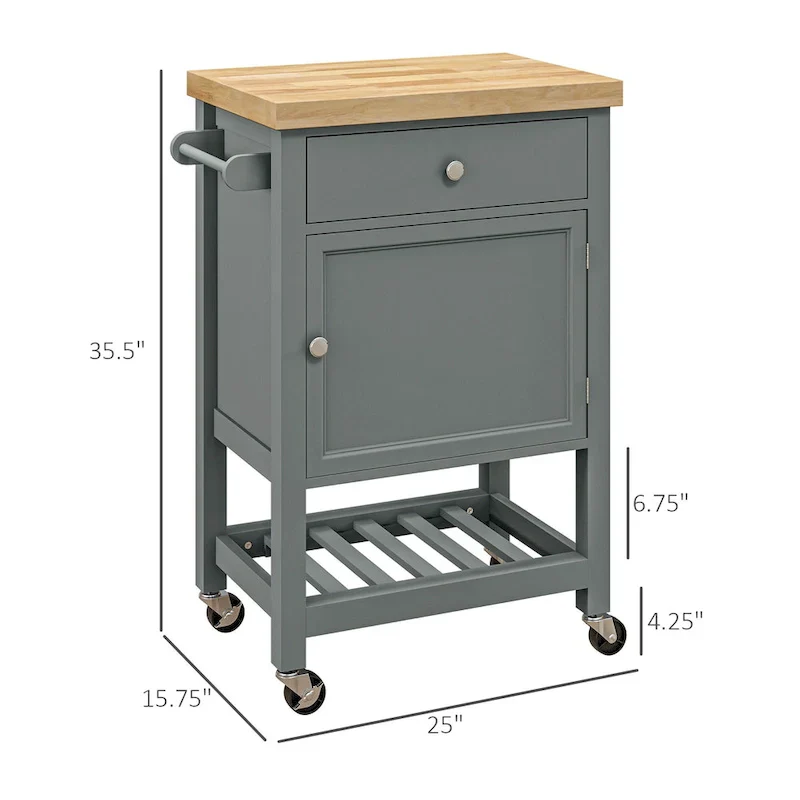 Rolling Kitchen Cart with Rubberwood Top