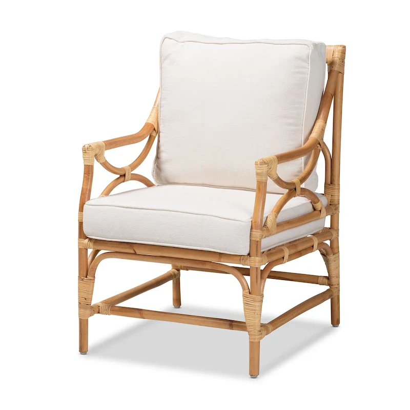 White & Natural Brown Rattan Armchair, Bohemian Style, Single