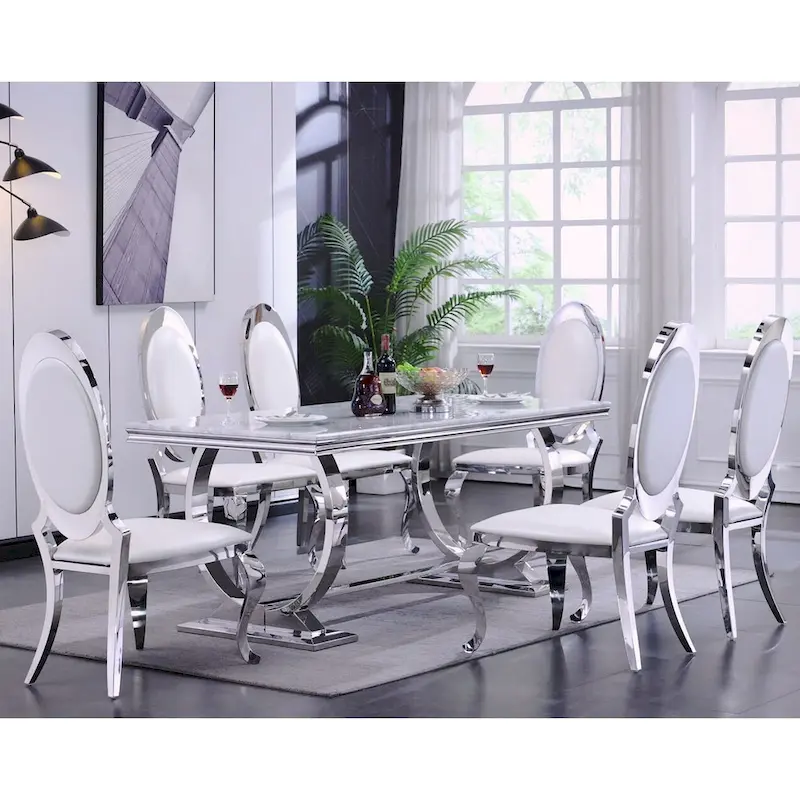 Dining Table with Circular Pedestal Base - Marble Texture Top, Seats 4-8 (Black/Grey/White)