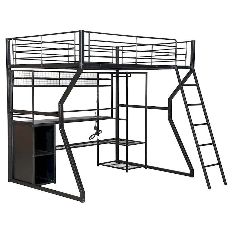 Full Size Black Metal Gaming Loft Bed w/ Open Wardrobe & Built-in Work Station, LED Storage Loft Bed Frame for Kids,Teens,Adults