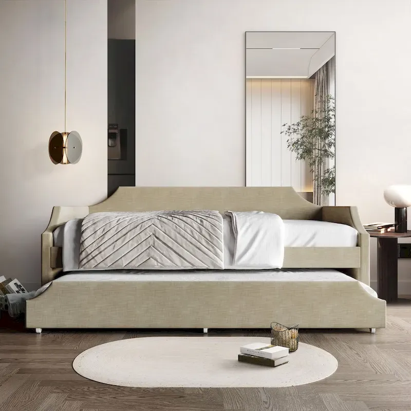 CraftPorch Elegance Linen Upholstered Twin Size Daybed with Trundle