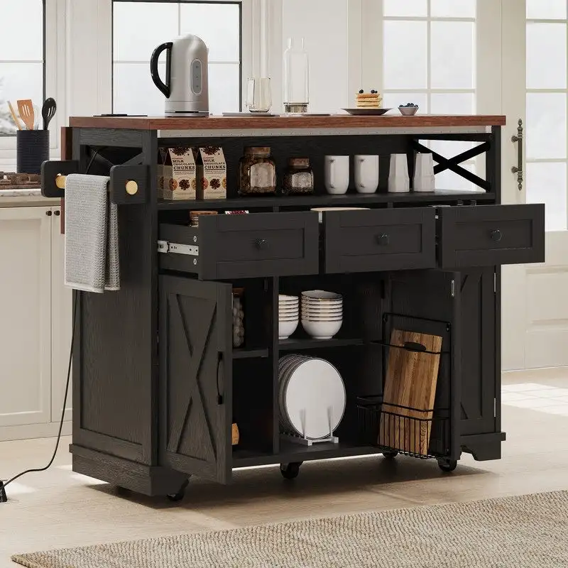 Farmhouse 46.5 Kitchen Island with Power Outlet, Rolling Kitchen Cart on Wheels with Drop Leaf