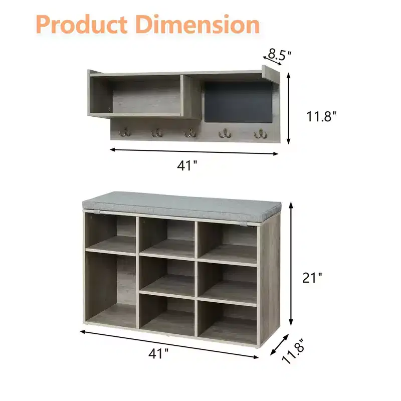 31.5 Industrial Hall Tree with Shoe Bench, 6-in-1 Entryway Coat Rack with 5 Hooks & 9 Storage Cubbies, Bookshelf & Blackboard