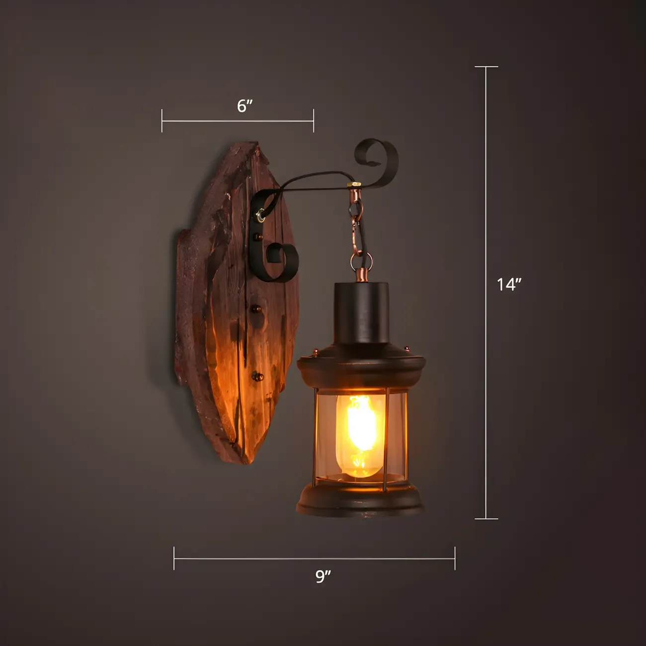 Industrial Distressed Wood Glass Black Wall Lantern Light