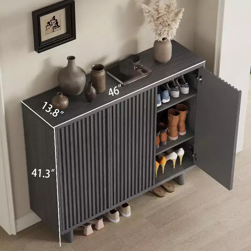 46 Inch Shoe Cabinet with Fluted Door, 5-Tier Storage with 4 Adjustable Shelves, Rustic Entryway Shoe Bench for Hallway, Living room