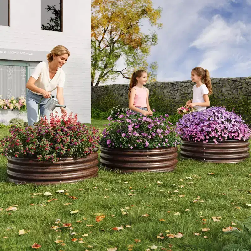 3PCS 2x1ft Round Galvanized Raised Garden Beds, Rust-Resistant Metal Planter Box with Rubber Edge, Open Bottom, Wood Color