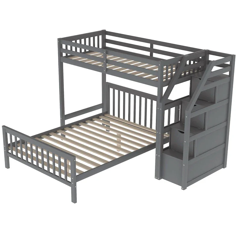 Twin Over Full Wood Loft Bed with Staircase,High Guardrails and Ladder