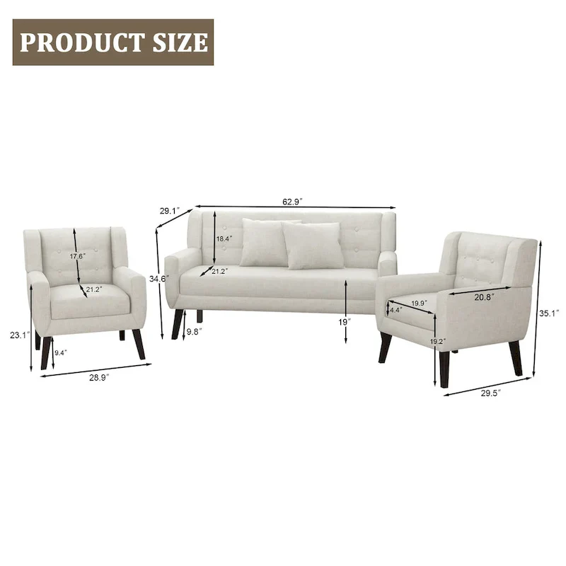 Tufted Linen/Cotton Loveseat with 2 Accent Chairs