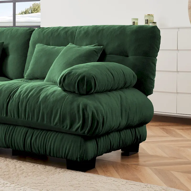 Green Chenille 2-Seater Sofa with Bolster Arms, Lumbar & Throw Pillows