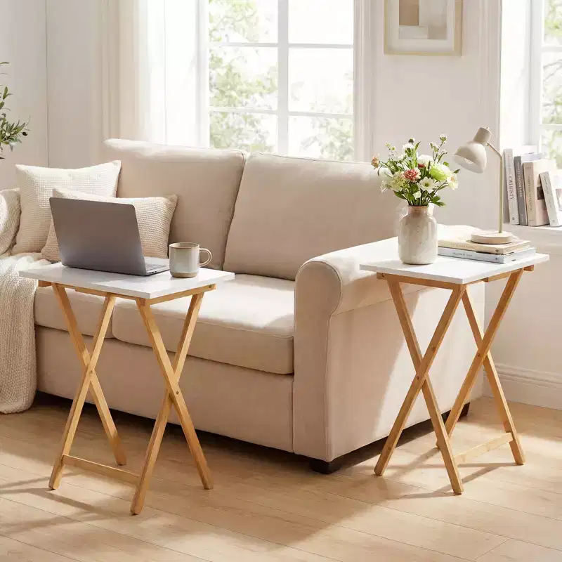 Costway Folding TV Tray Tables Set of 2 Bamboo Snack Table for Small Spaces Bedroom