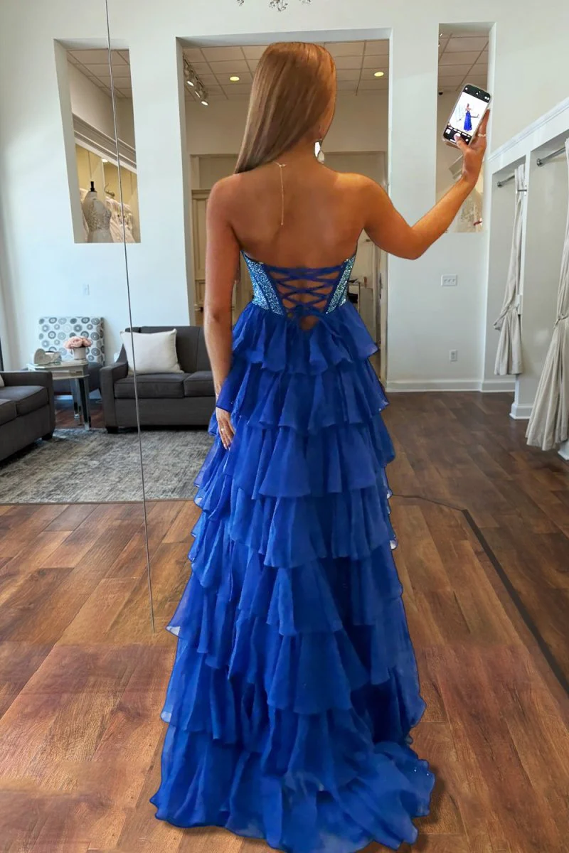 Royal Blue - A Line Strapless Chiffon Beaded Corset Long Prom Dress With Slit
