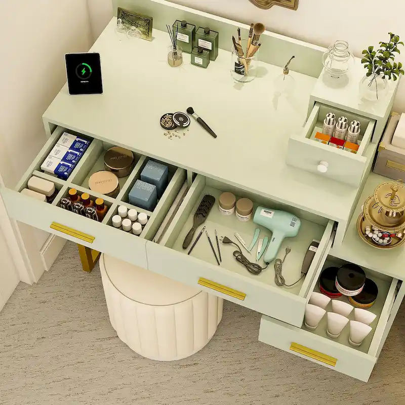 Reversible Makeup Vanity Desk With Charging Station and 4 Wooden Drawers and 1 Cabinet - N/A