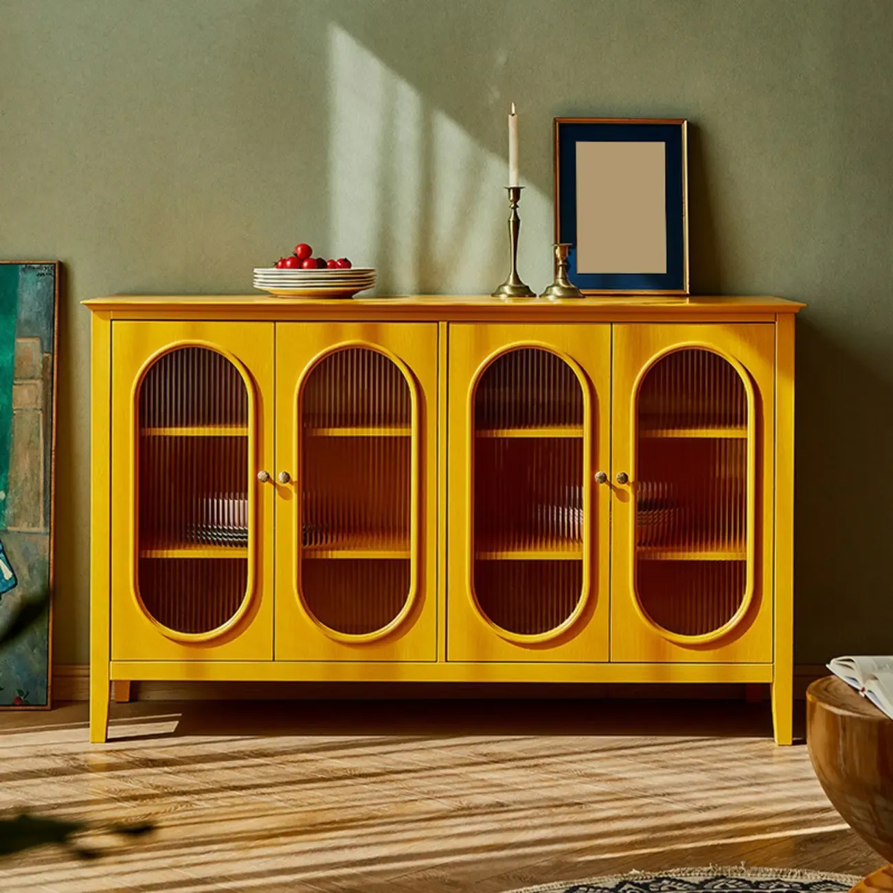 Scandinavian Oak Wooden Oval Fluted Glass Utility Cabinet