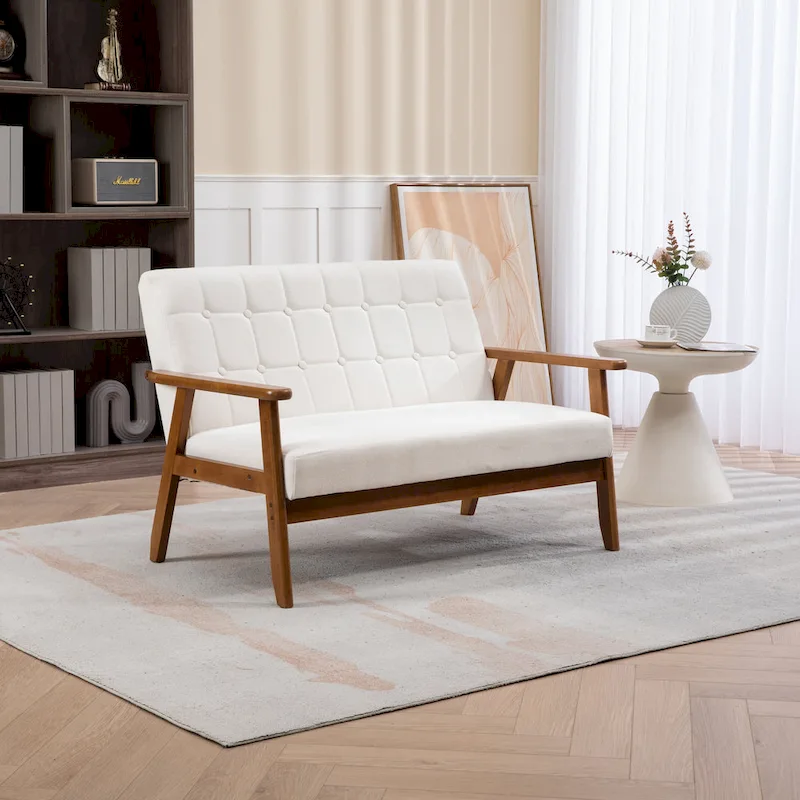 HOMEFUN Mid-Century Linen/PU Upholstered Wood Frame Tufted Loveseat Sofa