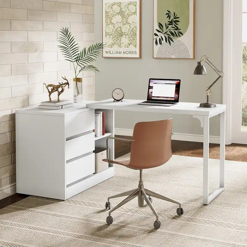 Versatile L-shaped White Computer Desk with Drawers and Shelves