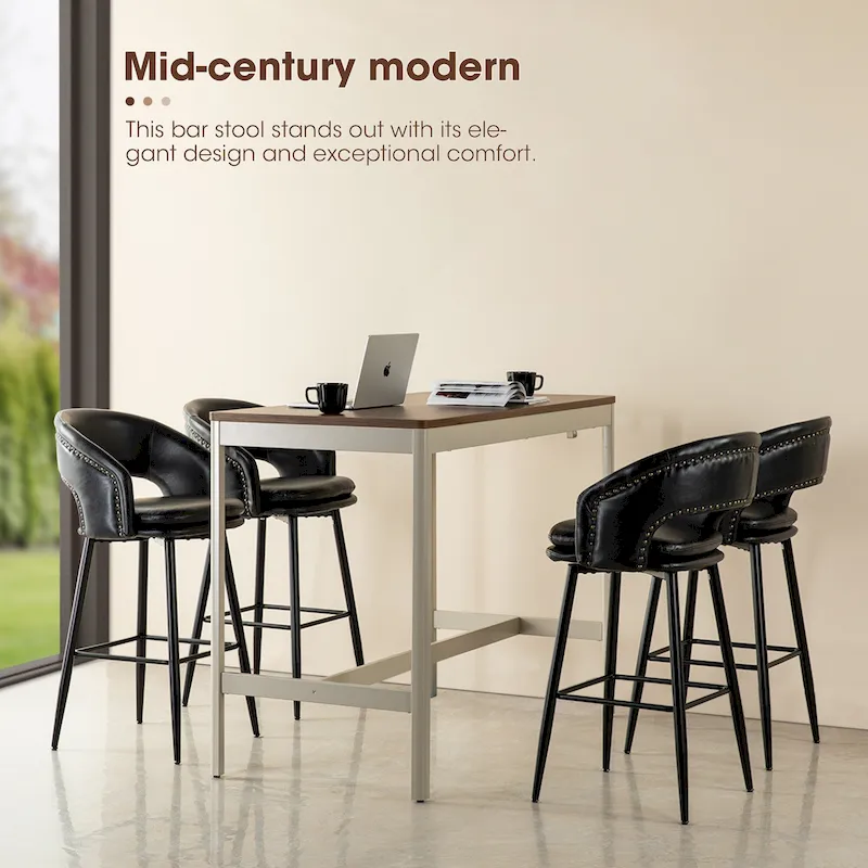 Mid-Century Modern Faux Leather Bar Stool with Nailhead Trim & Metal Legs – Black / Brown