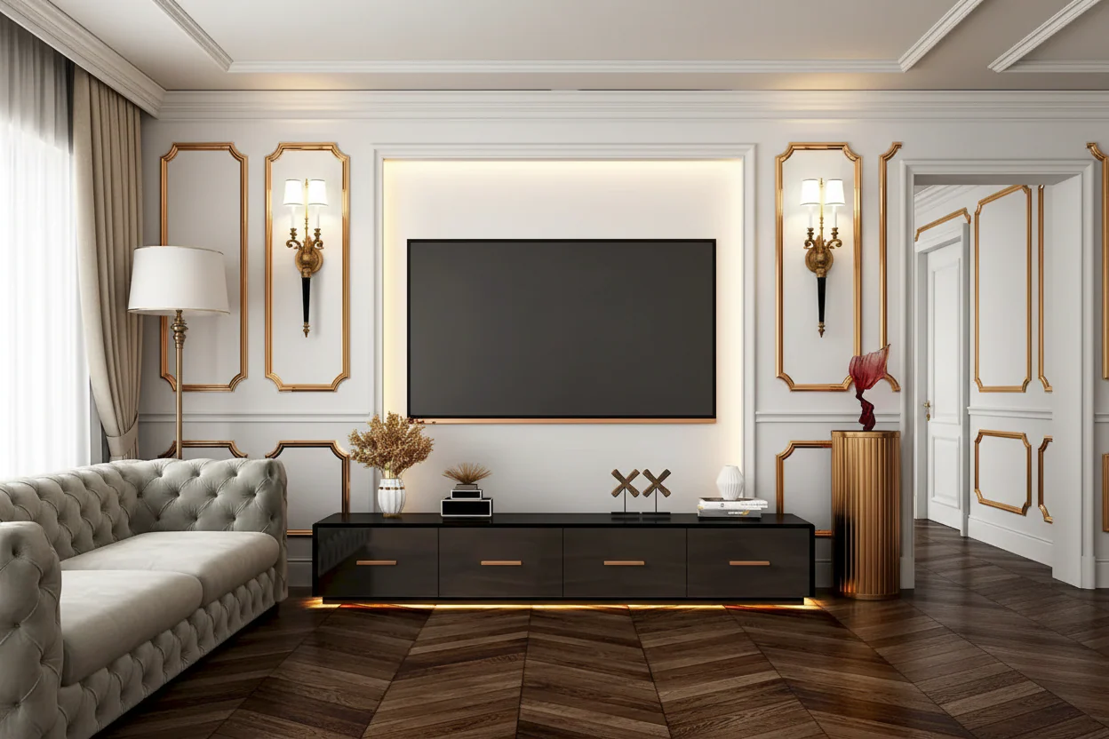 Black Entertainment Center Spacious Luxurious TV Stand Golden Accents