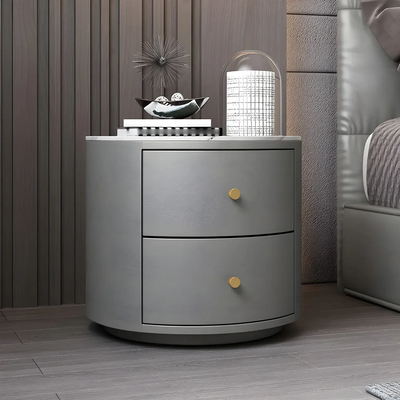 Modern Faux Leather Round Bedside Table with Two Drawers in Grey