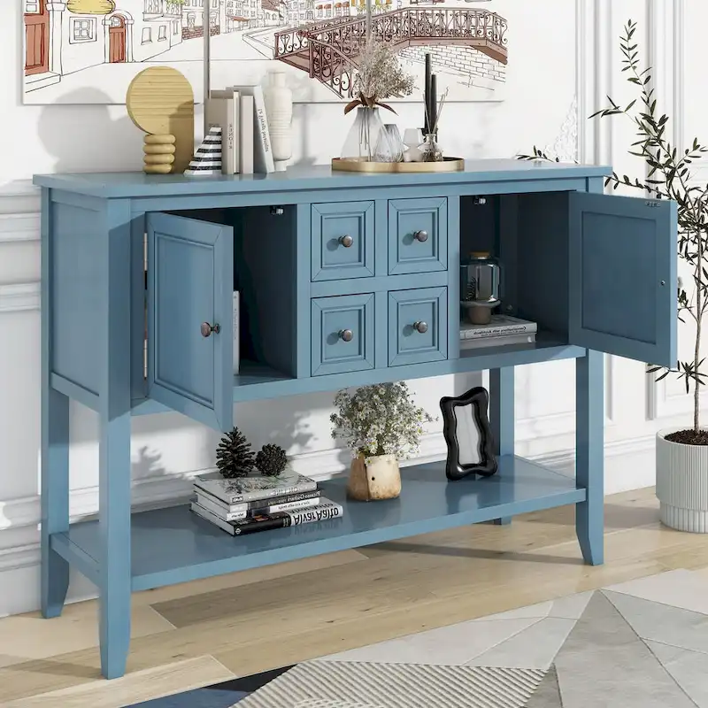 Blue Buffet Sideboard Console Table with Bottom Shelf
