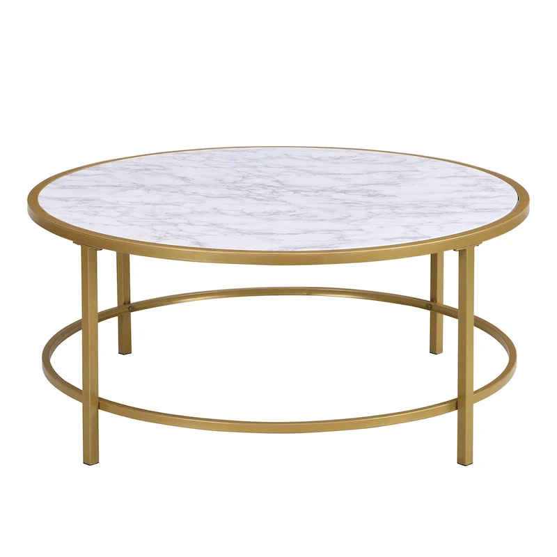 Gold White / Gold Clear Faux Marble Top Round Coffee Table with Powder-Coated Metal Base – 36 in