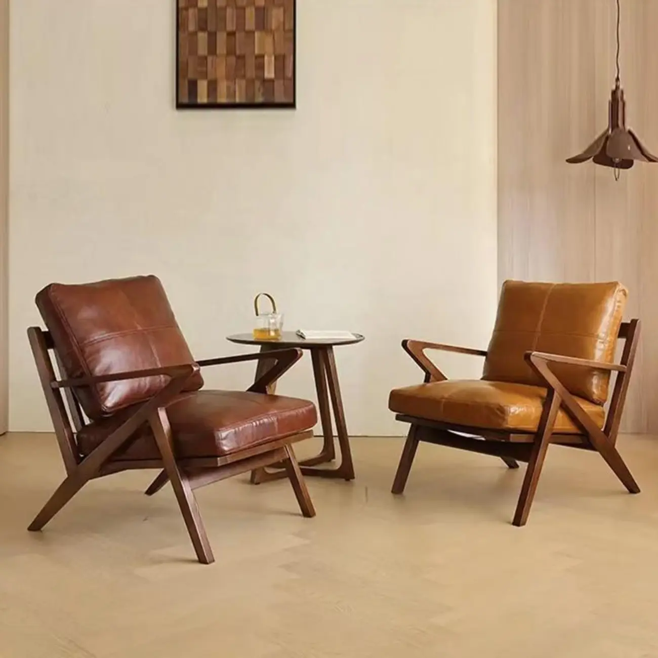 Mid-Century Modern Top Grain Leather Arm Chair Wood Frame