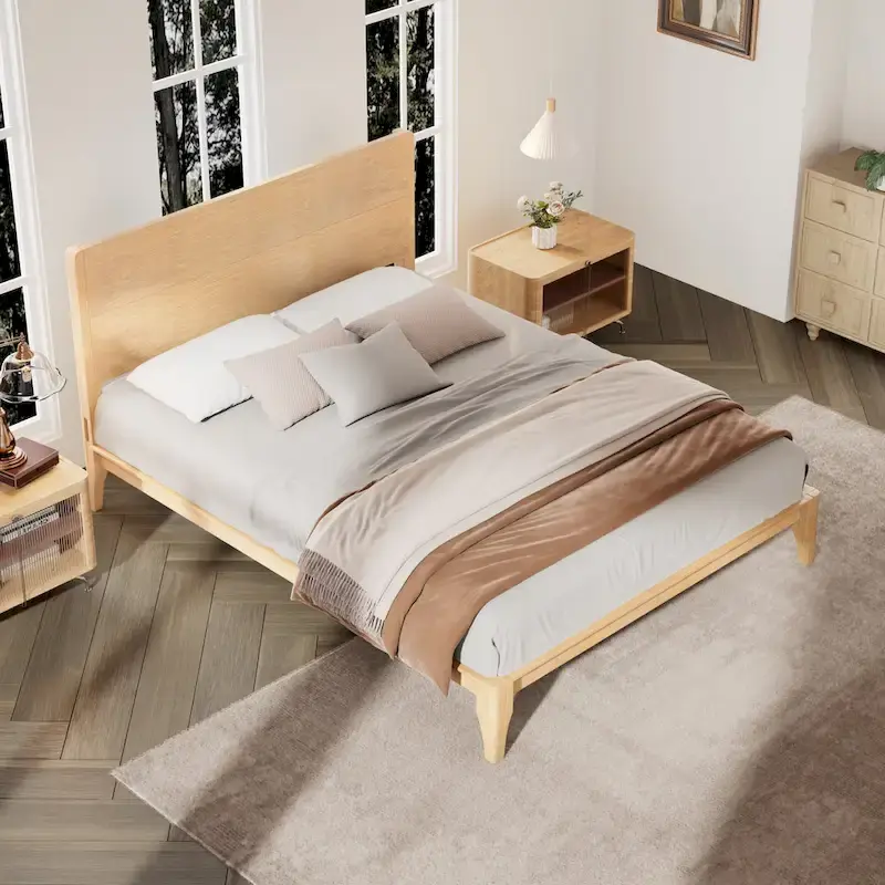 Modern Bamboo Platform Bed Frame with Headboard, Metal Middle Support Rod and Wooden Slats, No Box Spring Needed, Easy Assembly