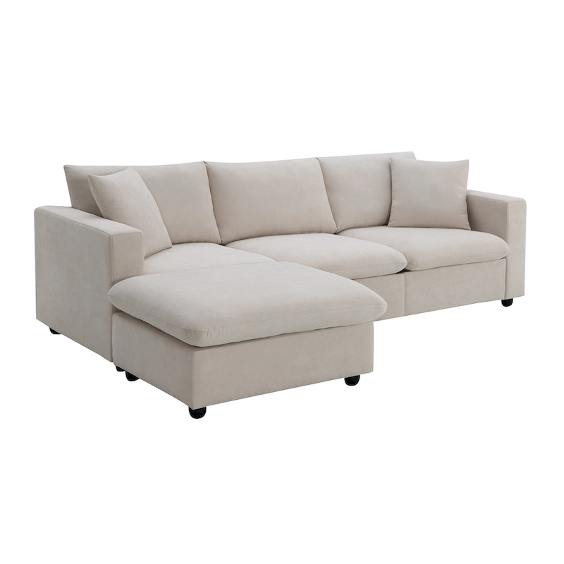 L-shaped Polyester Fabric Couch Set with 2 Free Pillows and Convertible Ottoman