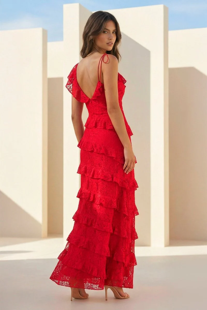 Red Sheath V Neck Lace Long Prom Dresses With Ruffles