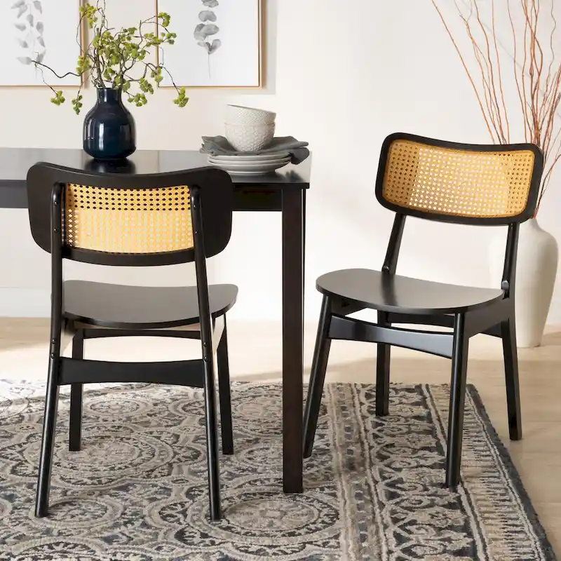Mid-Century Modern Wood and Rattan 2-Piece Dining Chair Set