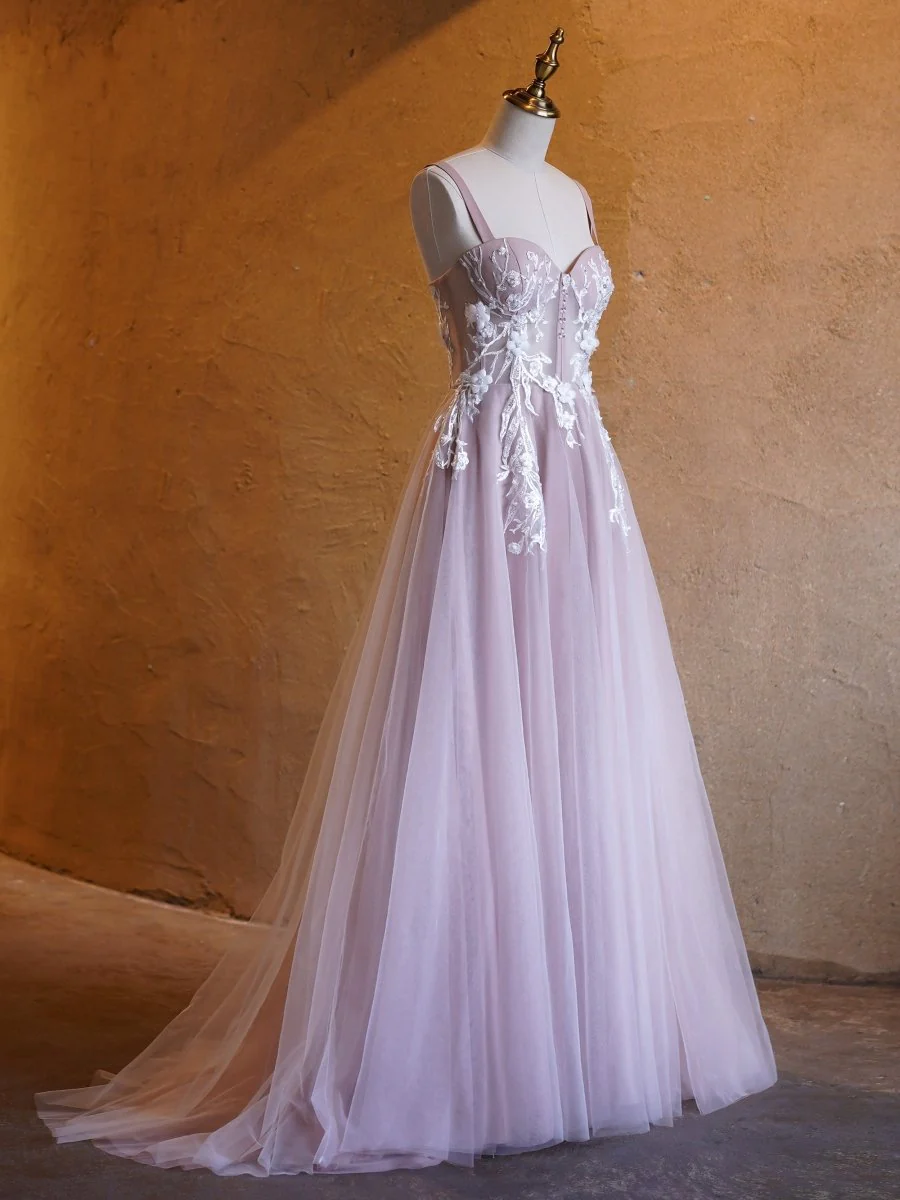 Lavender A-line Sweetheart Neckline Tulle Sweep Train Prom Dress