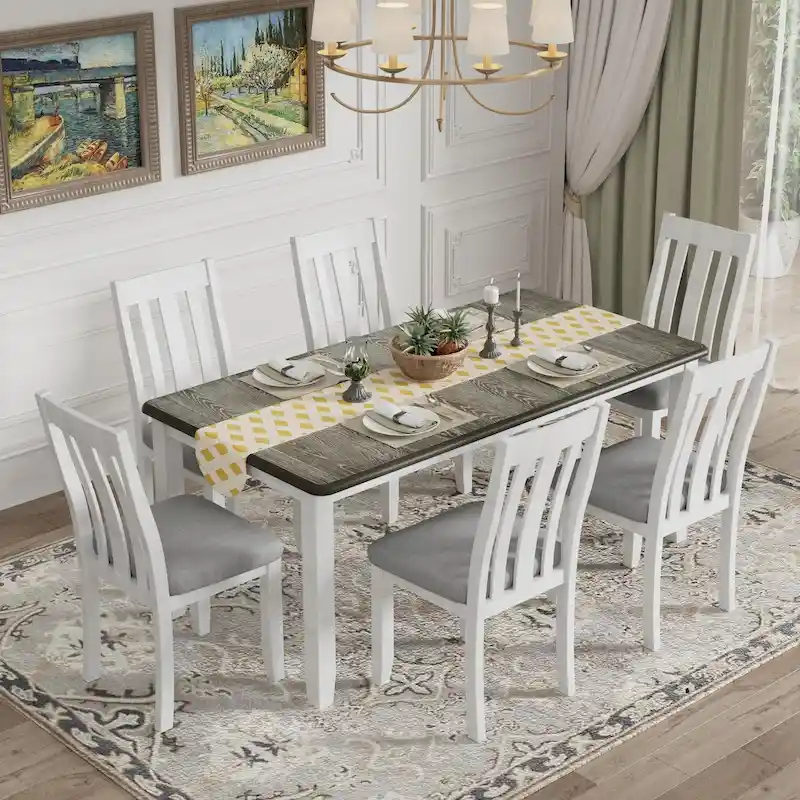 Retro Style 7-Piece Dining Table Set with Extendable Table and 6 Upholstered Chairs