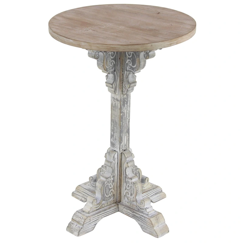 Wood Scroll Intricately Carved Accent or End Table with Brown Wood Top - Gray, White, Cream - Roche River Decor