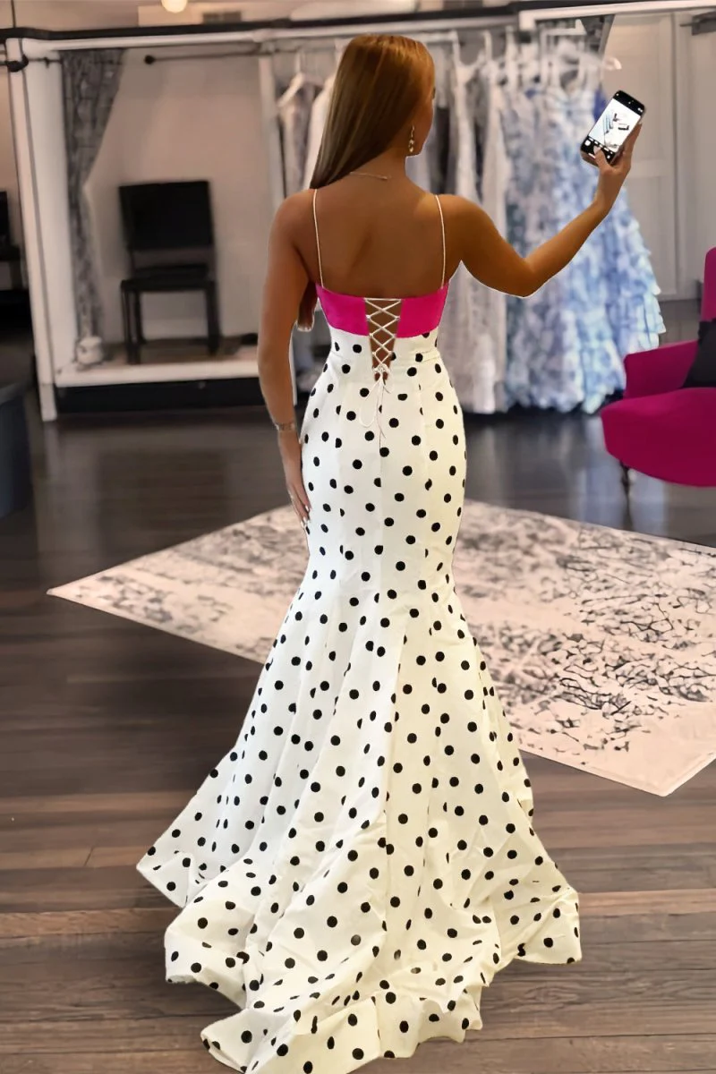 Fuchsia Spaghetti Straps Polka Dots Mermaid Formal Prom Dresses With Bow