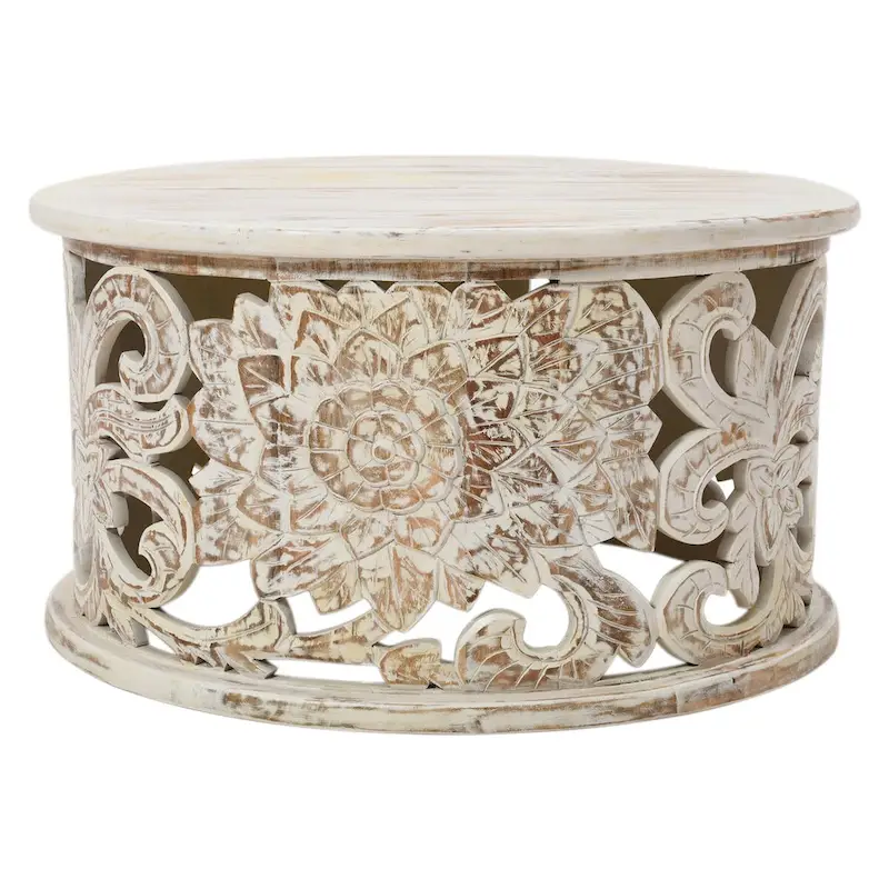 White Round Coffee Table with Floral Carved Design - Mango Wood - 33 Inch