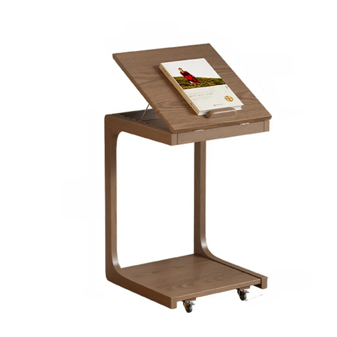Adjustable Tabletop Wood C Shaped Side Table with Wheels