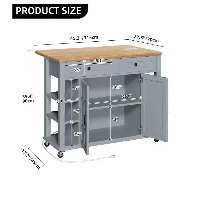 Rolling Kitchen Island Cart with Folding Drop Leaf & Power Outlets Kitchen Storage Cart with Drawers with Adjustable Shelves, Grey