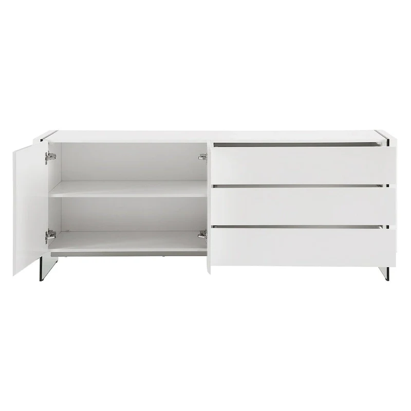 IL VETRO buffet-server in high gloss white lacquer with clear glass.