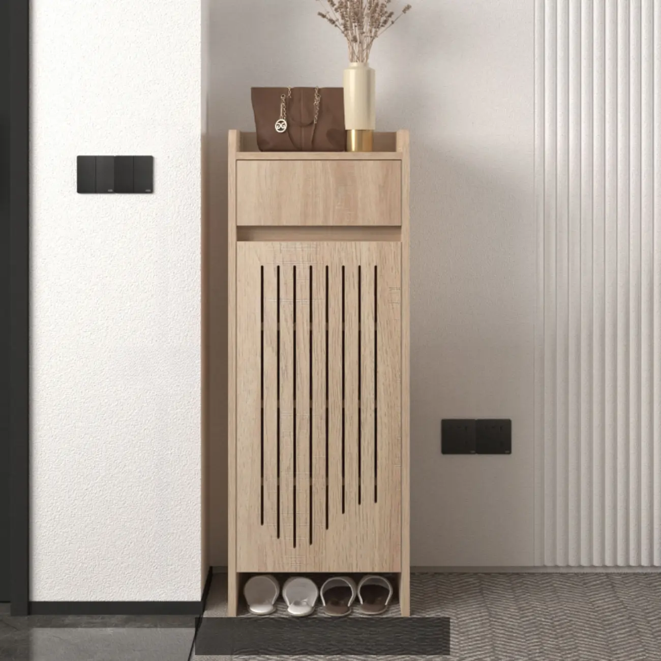 Modern Slim Wood Beige Entryway Shoe Cabinet
