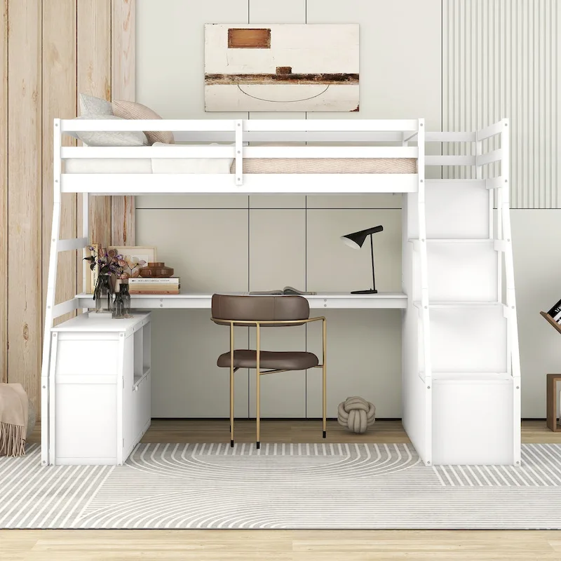 White Twin Size Wood Loft Bed with Drawers, Shelves & Desk