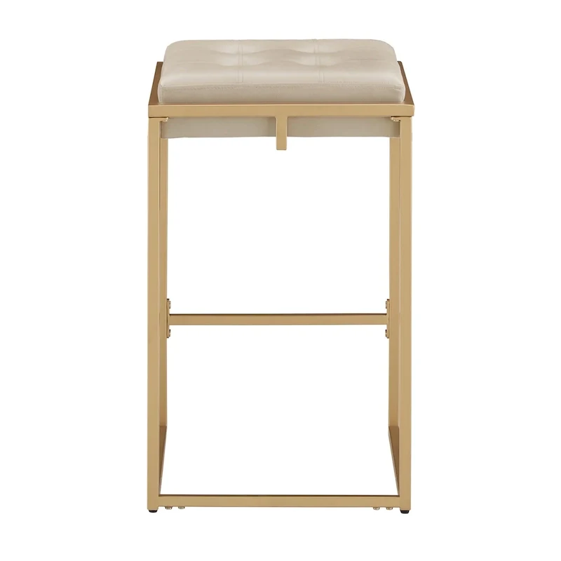Backless Velvet Button-Tufted Bar Stool with Gold Metal Base & Footrest – Beige / Blue / Green, Counter / Bar Height