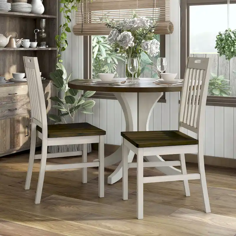 Farmhouse Antique White Wood Slatted Backs Dining Chairs