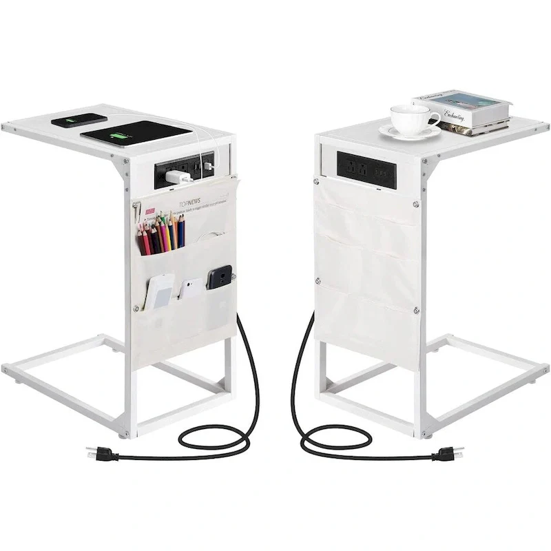 White/Grey/Black/Brown C-Shaped End Table with Charging Station, Set of 2