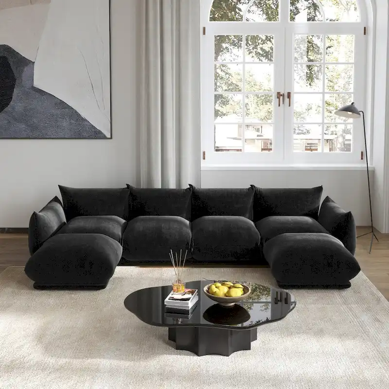 130 U-Shaped Sectional Sofa, Minimalist Chenille Modular 6-Seat Couch Sectionals with Reversible Chaise Ottoman