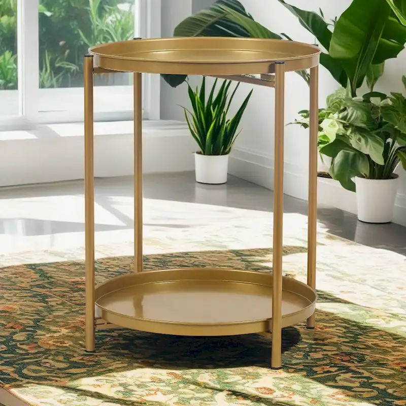 Adeco Side Table 2-Tier Metal Round End Table with Removable Tray - 17.5