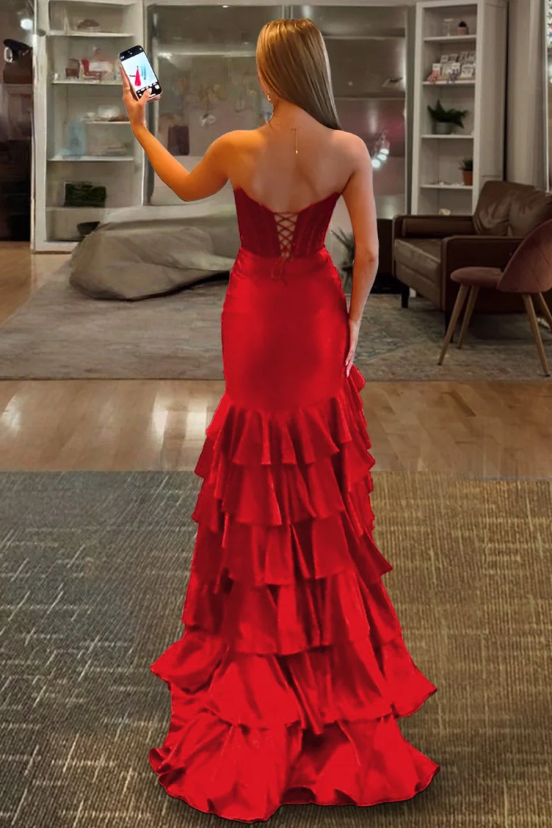 Red Sweetheart Mermaid Satin Beaded Long Prom Dresses With Ruffles