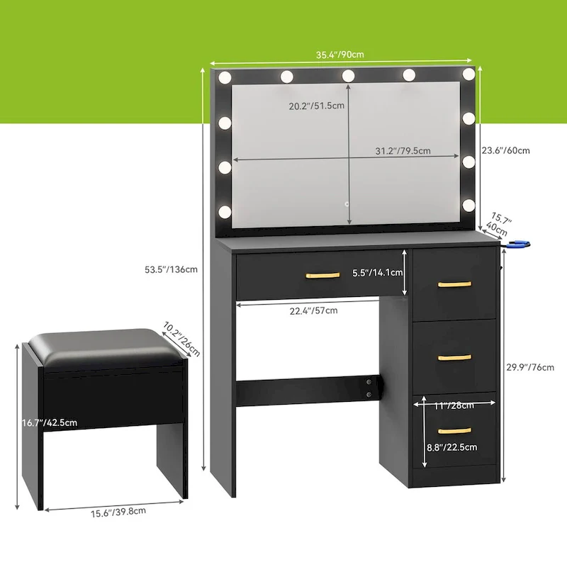 Moasis Makeup Vanity with 4 Drawers - 35.4 L x 23.6 W x 53.5 H